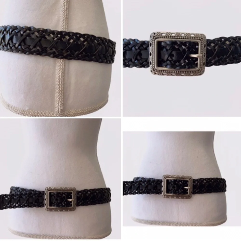 VINTAGE BLACK LEATHER BRAIDED BELT WITH SILVER RECTANGULAR BUCKLE SIZE LARGE